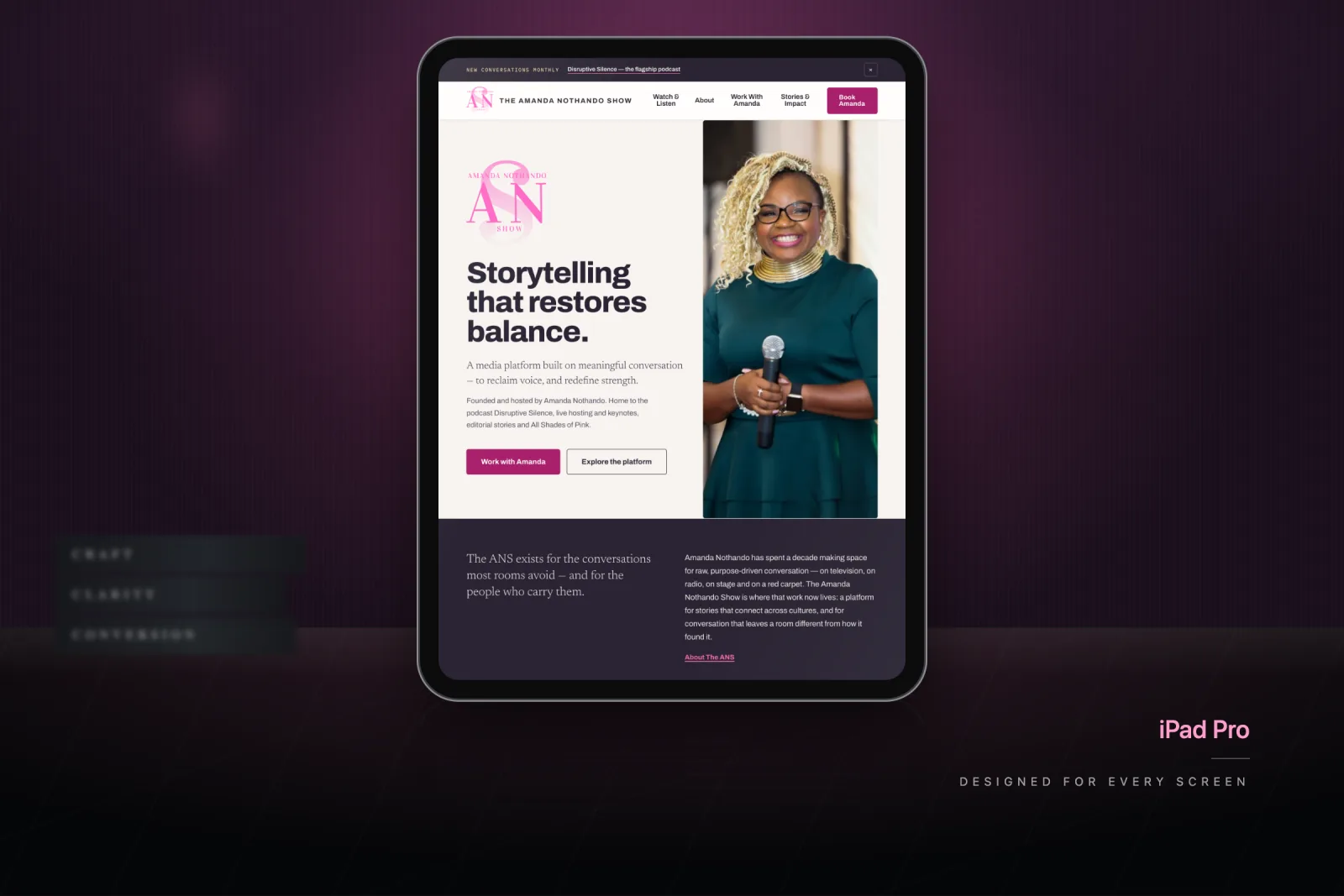 The Amanda Nothando Show website on an iPad Pro
