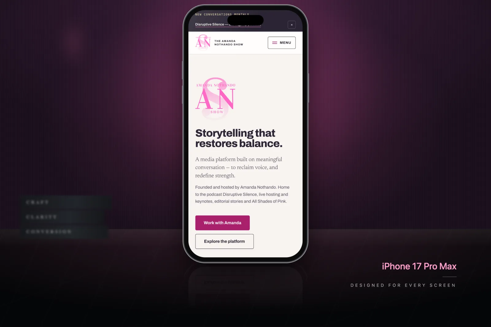 The Amanda Nothando Show website on an iPhone