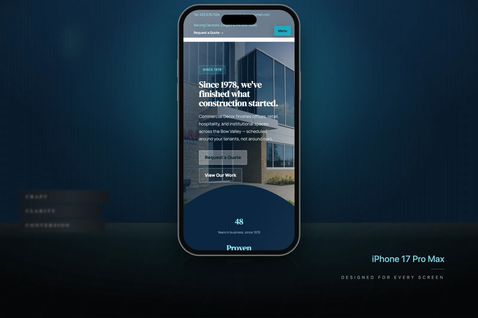 Commercial Decor website on an iPhone