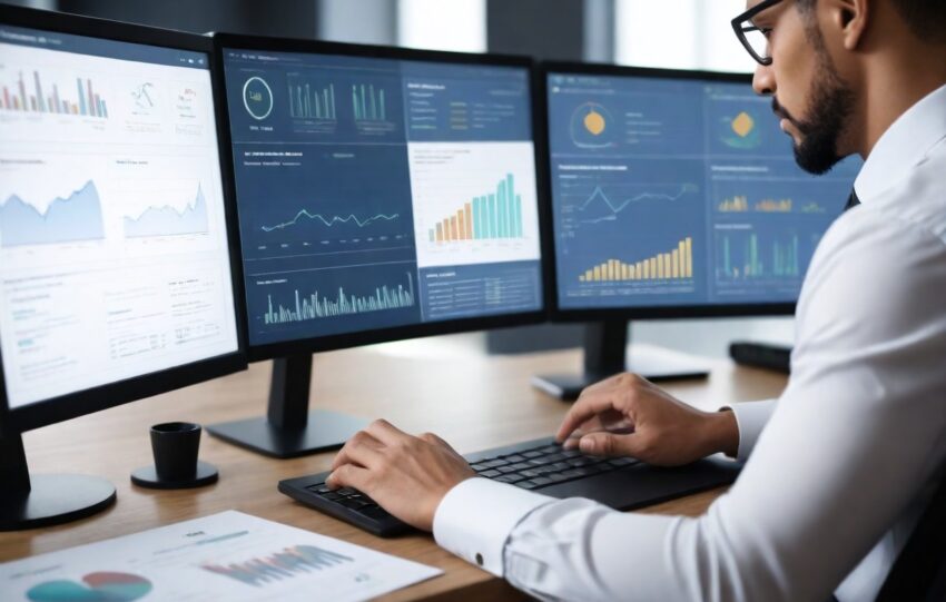 Business professional monitoring domain reputation scores on a computer.