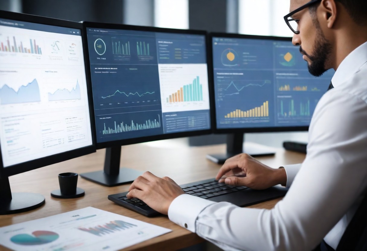 Business professional monitoring domain reputation scores on a computer.