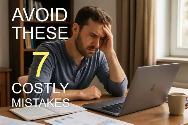 Man in his thirties reflecting at a desk with laptop and notes—symbolizing lessons from early online business mistakes