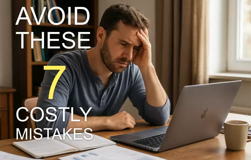 Man in his thirties reflecting at a desk with laptop and notes—symbolizing lessons from early online business mistakes