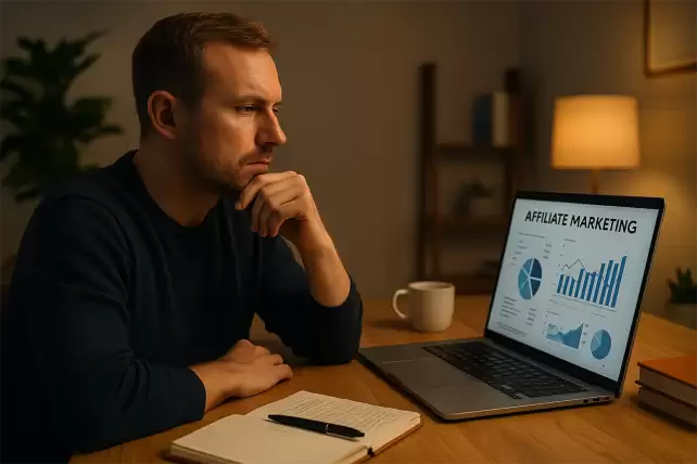 Frustrated man in home office struggling with early online business mistakes