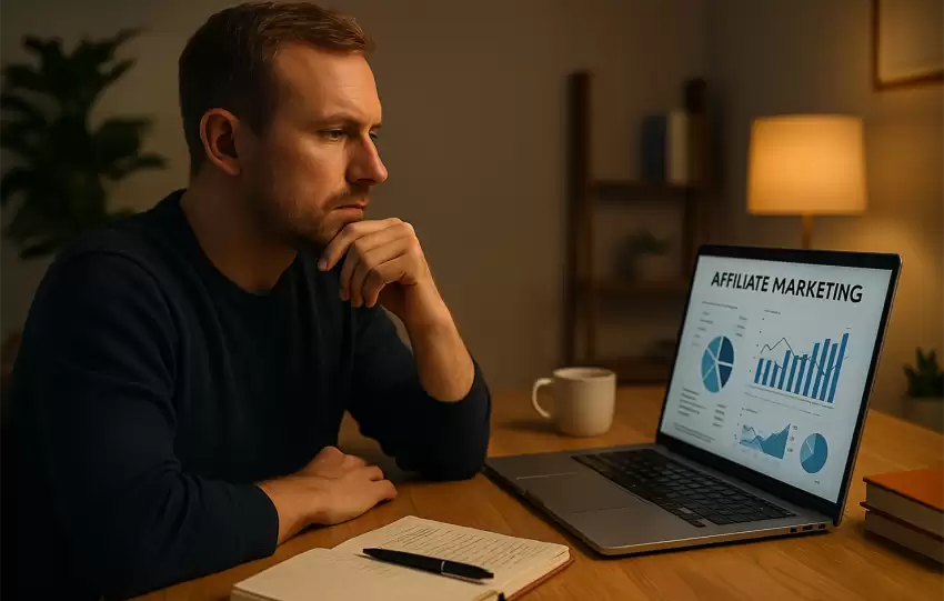 Frustrated man in home office struggling with early online business mistakes