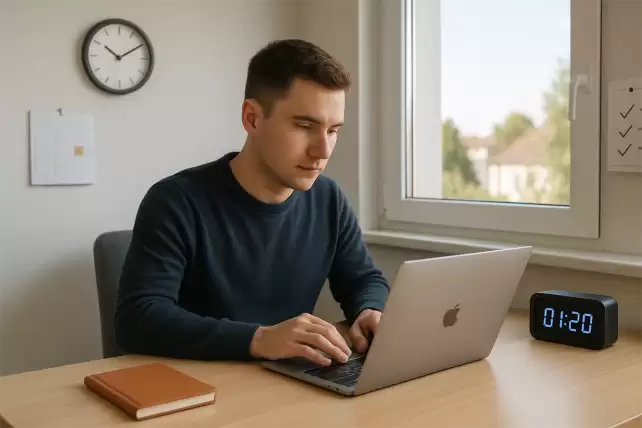 Young man focused on laptop at a sunlit desk in a cozy home office, surrounded by productivity tools.