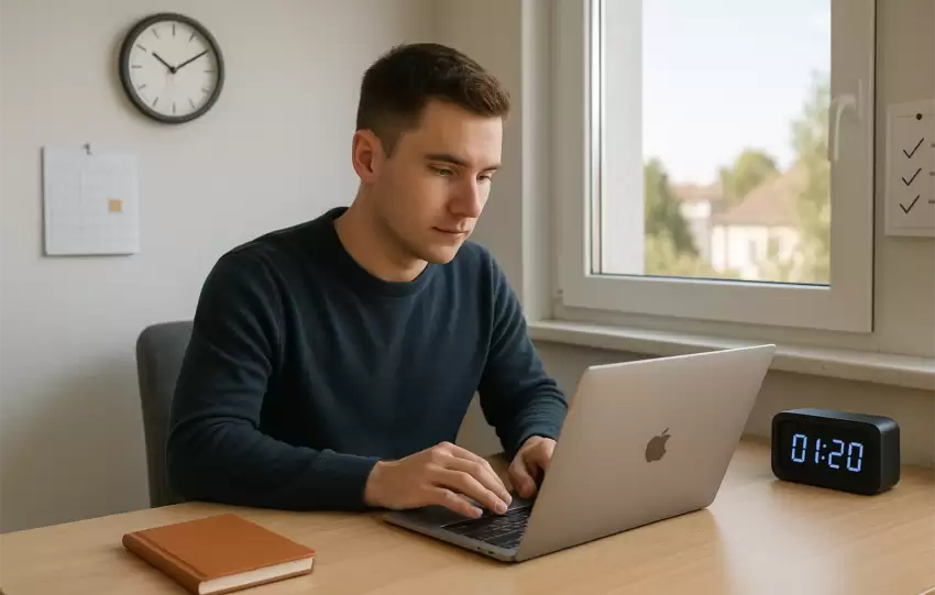 Young man focused on laptop at a sunlit desk in a cozy home office, surrounded by productivity tools.