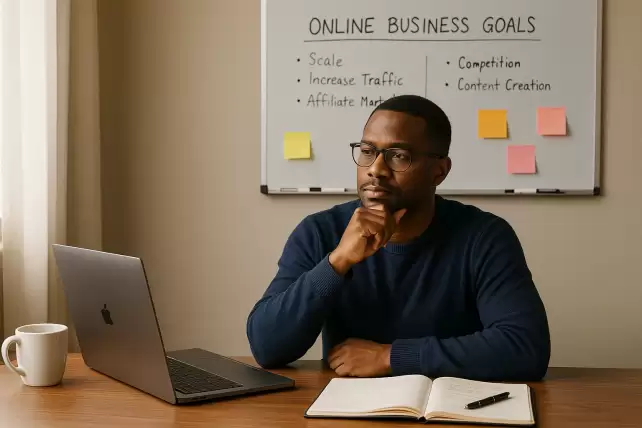 Thoughtful African-American man in his 30s working at a desk, preparing to start an online business.