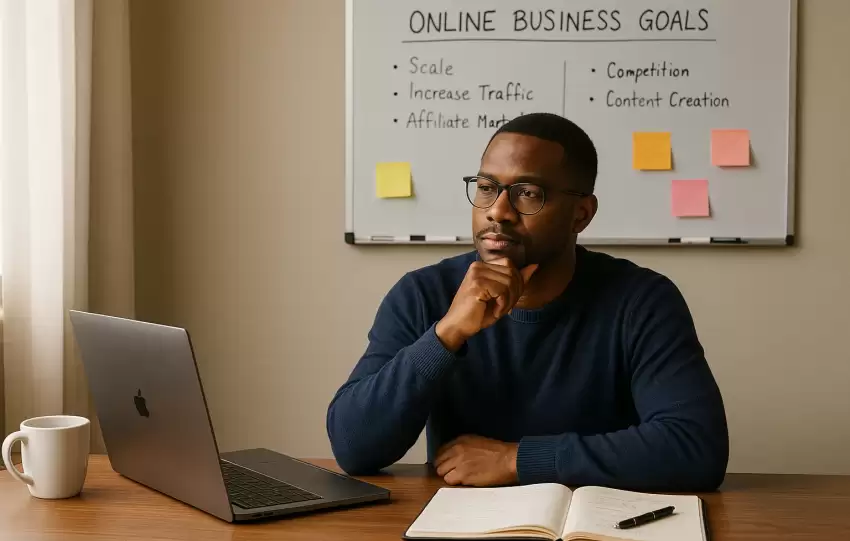 Thoughtful African-American man in his 30s working at a desk, preparing to start an online business.