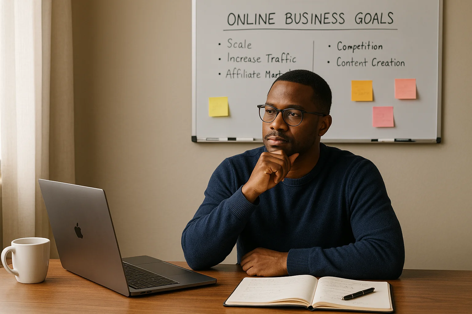 Thoughtful African-American man in his 30s working at a desk, preparing to start an online business.