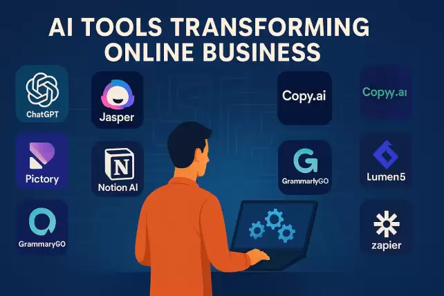 Illustration of a man using AI tools on a laptop, surrounded by icons symbolizing top business-transforming AI apps.