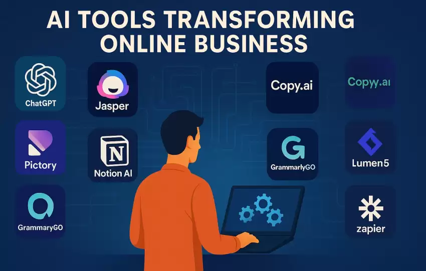 Illustration of a man using AI tools on a laptop, surrounded by icons symbolizing top business-transforming AI apps.