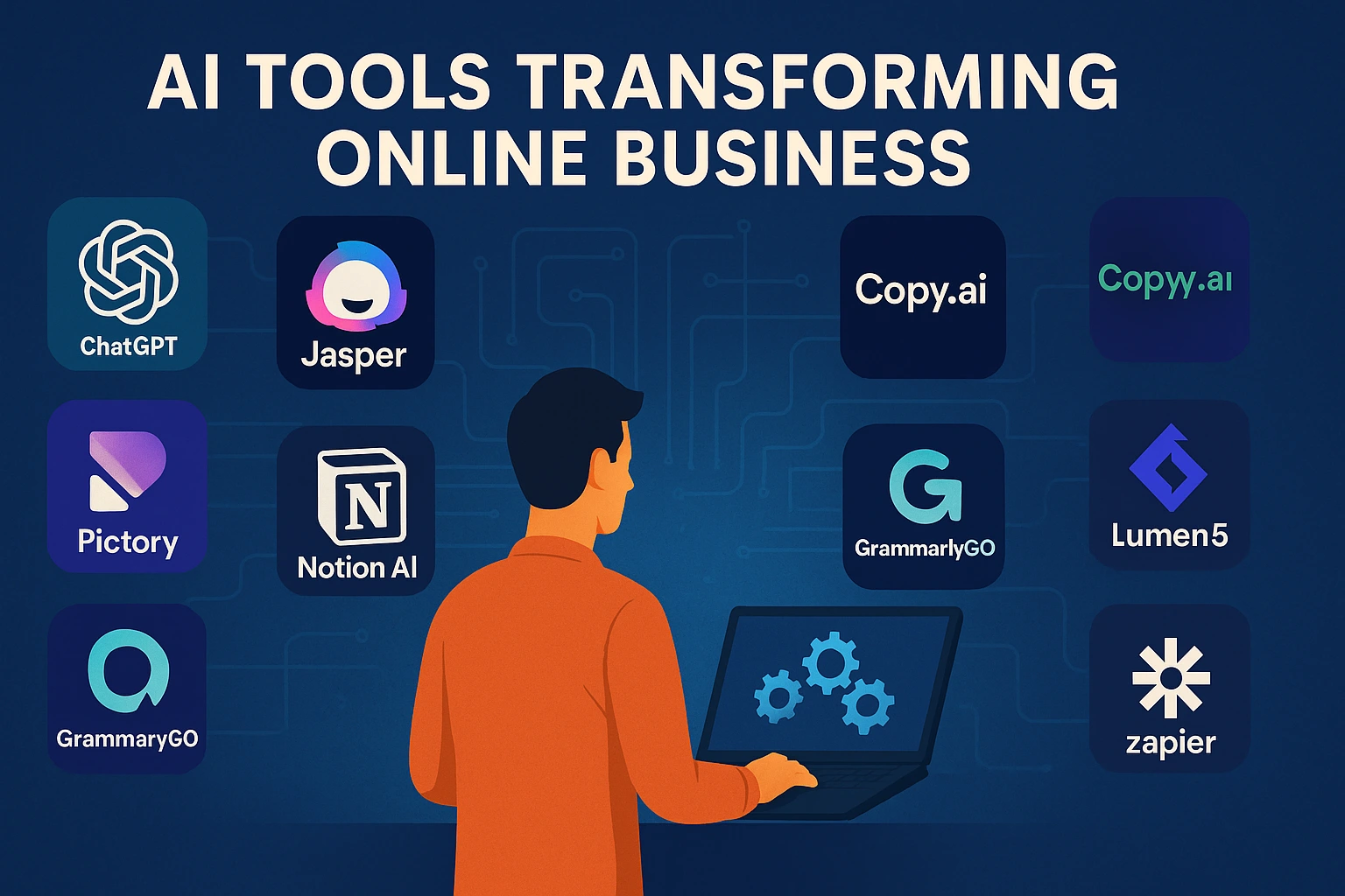 Illustration of a man using AI tools on a laptop, surrounded by icons symbolizing top business-transforming AI apps.