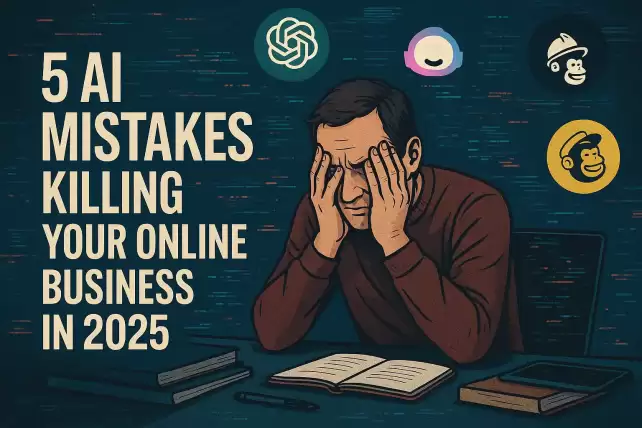 Frustrated entrepreneur with head in hands at a cluttered desk, surrounded by floating AI tool icons and digital glitches, next to bold text reading “5 AI Mistakes Killing Your Online Business in 2025