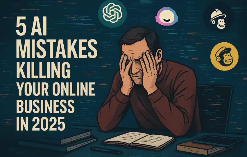 Frustrated entrepreneur with head in hands at a cluttered desk, surrounded by floating AI tool icons and digital glitches, next to bold text reading “5 AI Mistakes Killing Your Online Business in 2025
