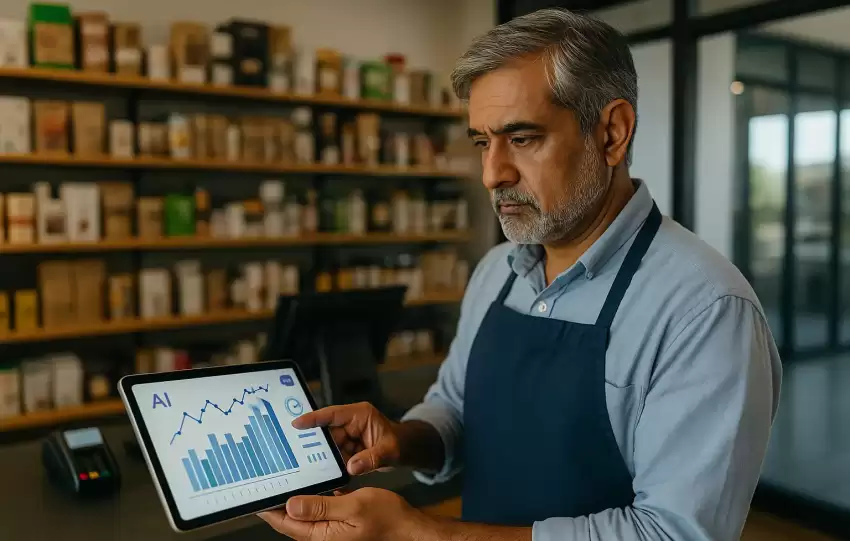 South Asian business owner in Chestermere facing digital challenges, representing AI for local business adaptation