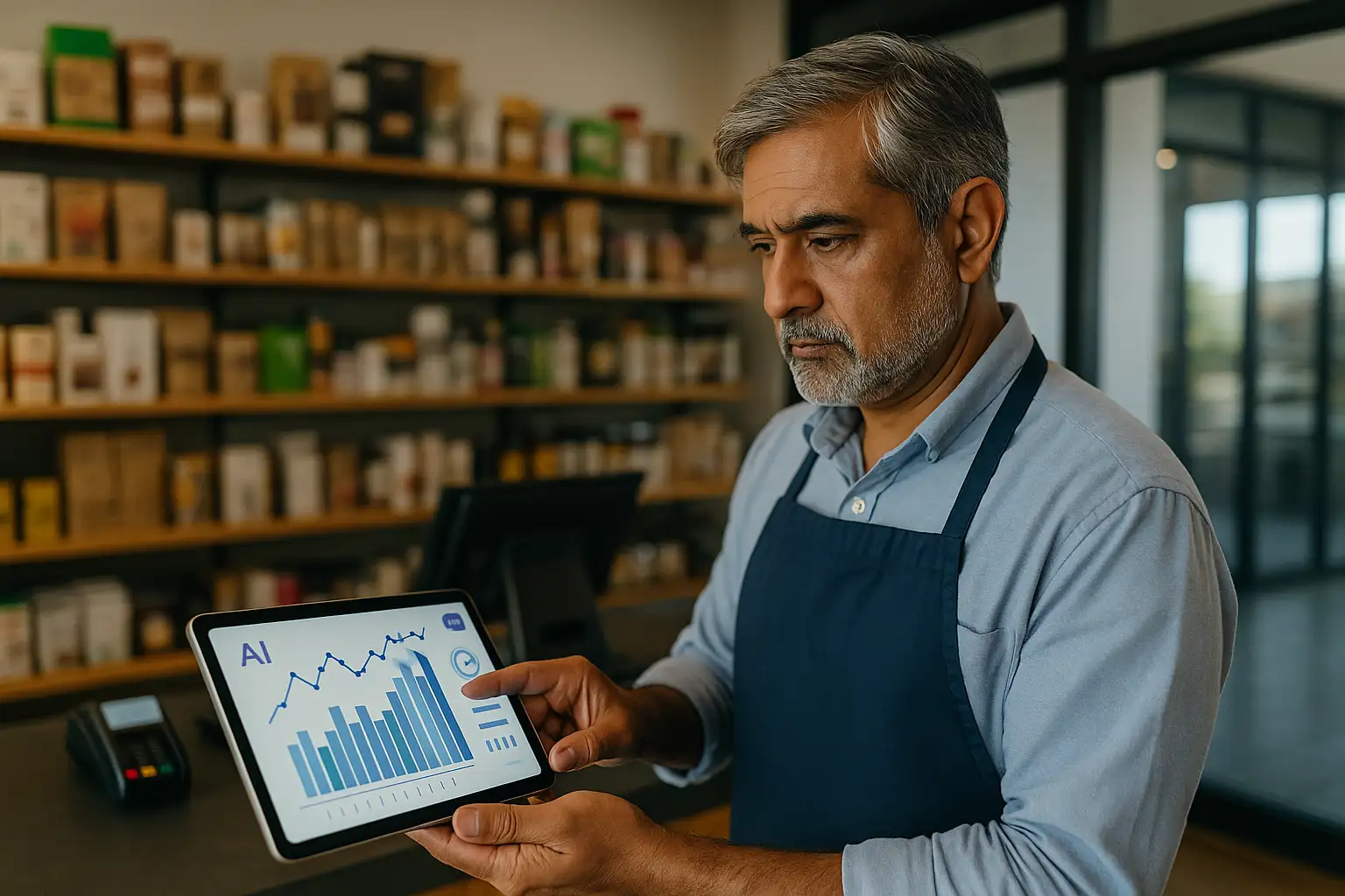 South Asian business owner in Chestermere facing digital challenges, representing AI for local business adaptation