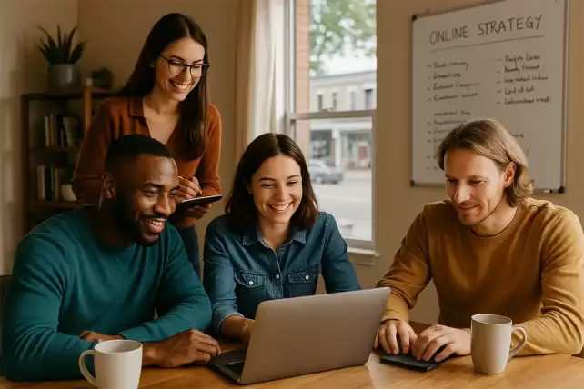 A diverse group of small town entrepreneurs online collaborating on laptops in a modern workspace, showcasing global business growth.