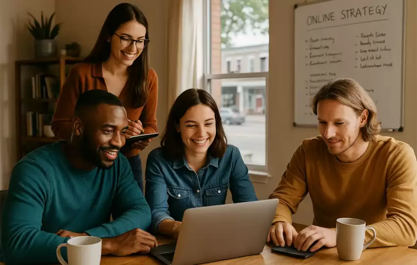 A diverse group of small town entrepreneurs online collaborating on laptops in a modern workspace, showcasing global business growth.