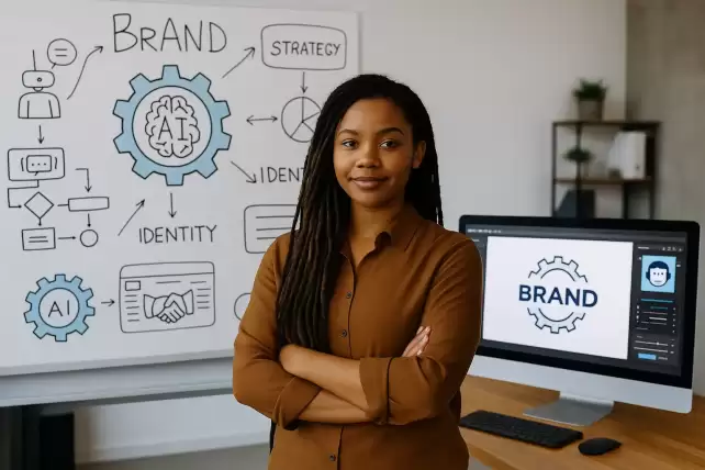 A confident businesswoman presenting an AI-driven branding strategy on a digital screen