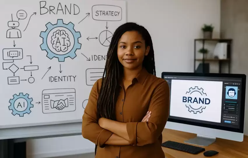 A confident businesswoman presenting an AI-driven branding strategy on a digital screen