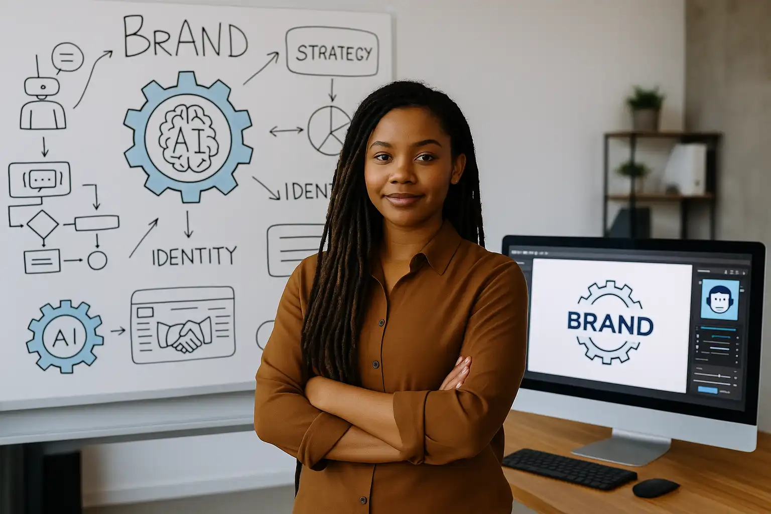 A confident businesswoman presenting an AI-driven branding strategy on a digital screen