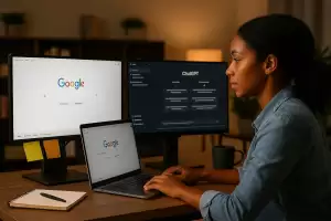 Black professional researching AI-driven SEO strategies on multiple screens, representing how businesses must optimize content for AI tools like ChatGPT and Copilot.