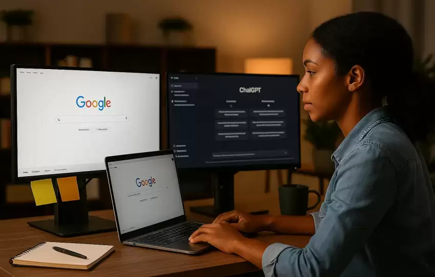 Black professional researching AI-driven SEO strategies on multiple screens, representing how businesses must optimize content for AI tools like ChatGPT and Copilot.