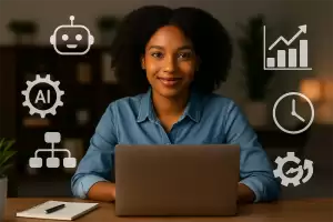 Young Black female entrepreneur using AI tools to grow her small business quickly and efficiently in a tech-forward workspace.