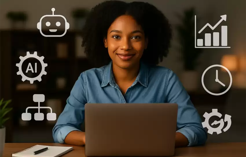 Young Black female entrepreneur using AI tools to grow her small business quickly and efficiently in a tech-forward workspace.