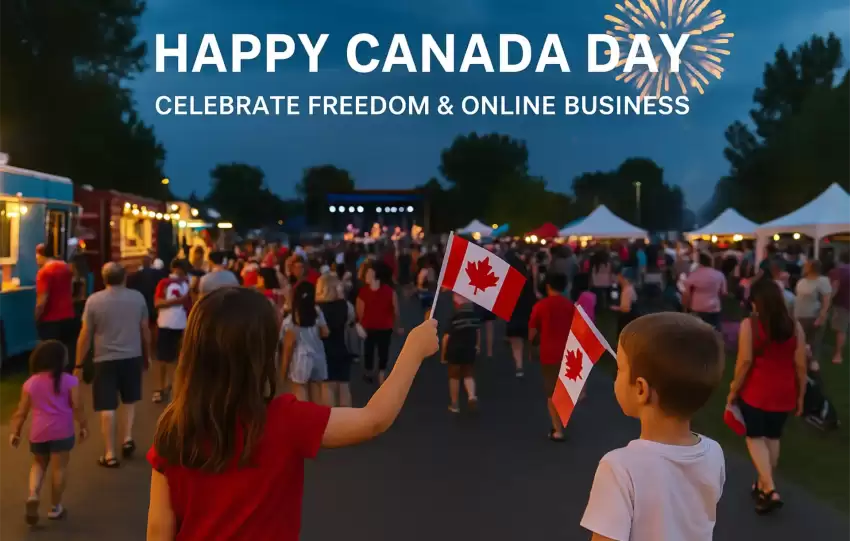 Canada Day celebration in Chestermere with families enjoying food trucks, fireworks, and live music, symbolizing freedom and online business opportunities.