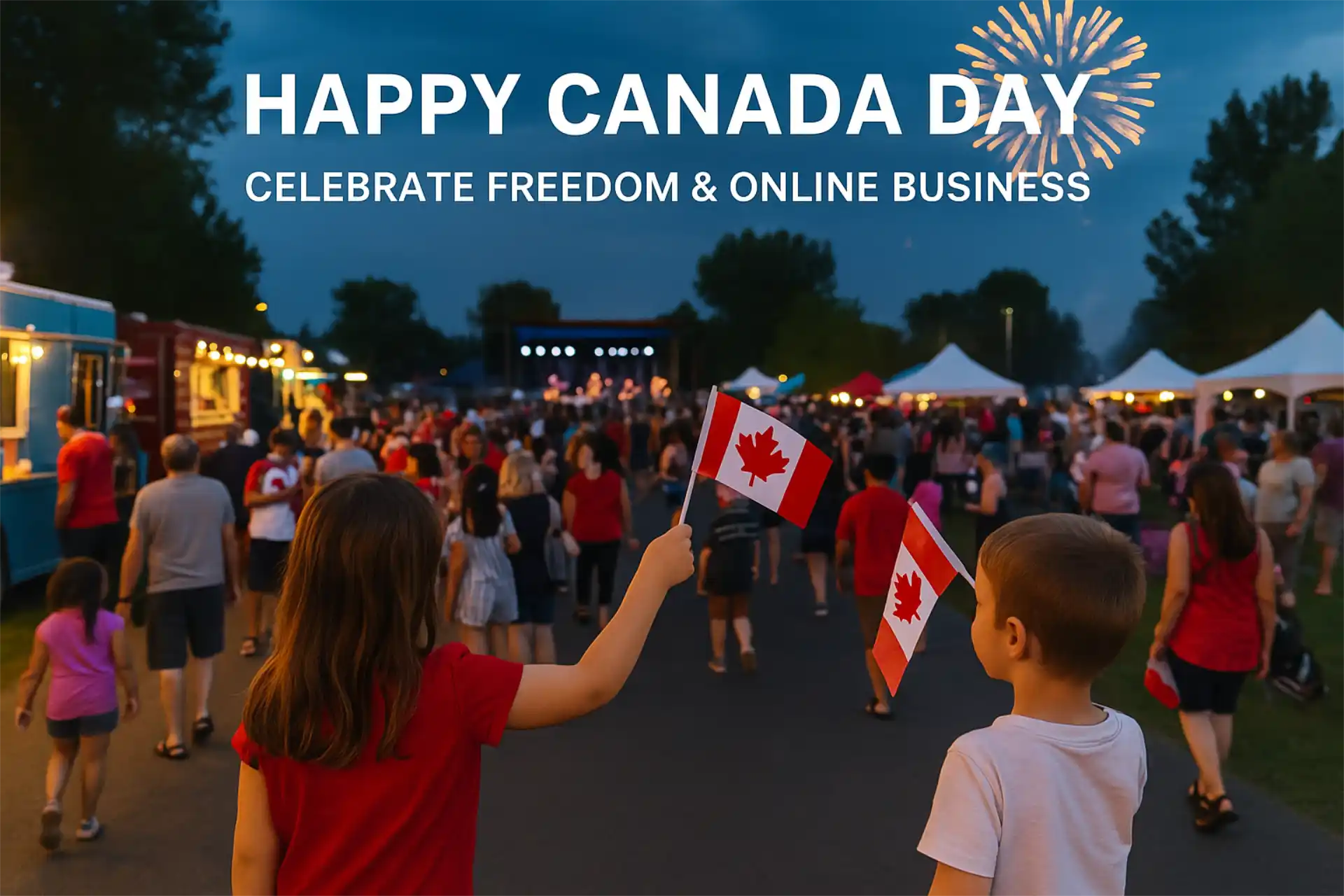 Canada Day celebration in Chestermere with families enjoying food trucks, fireworks, and live music, symbolizing freedom and online business opportunities.