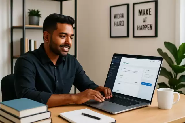 Young South Asian entrepreneur researching Coursemate AI tool on his laptop at a desk.