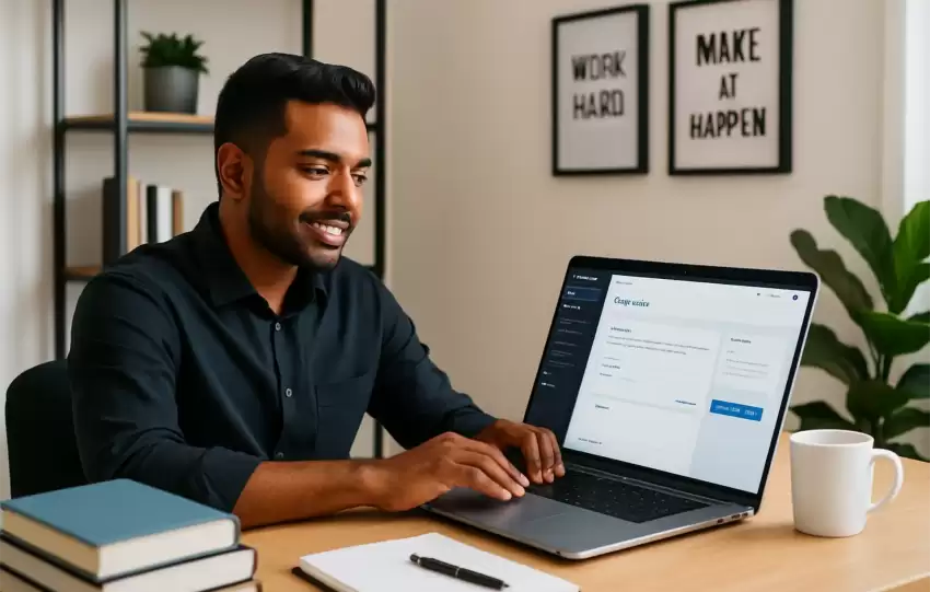 Young South Asian entrepreneur researching Coursemate AI tool on his laptop at a desk.