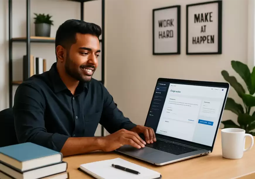 Young South Asian entrepreneur researching Coursemate AI tool on his laptop at a desk.