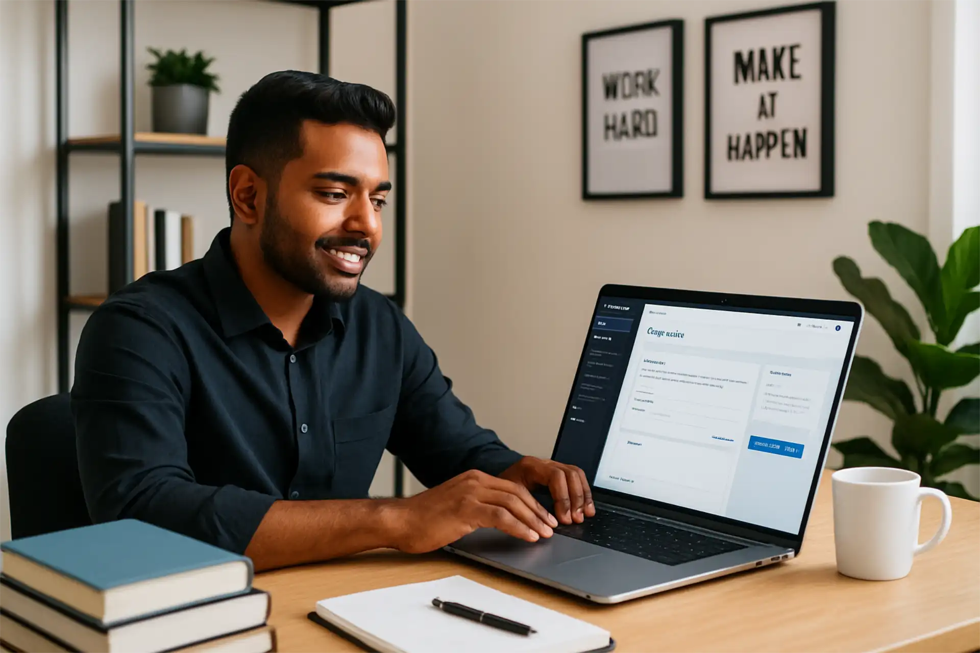 Young South Asian entrepreneur researching Coursemate AI tool on his laptop at a desk.