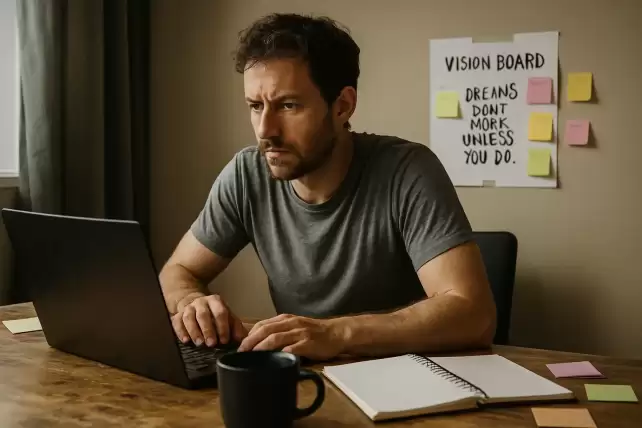 A Caucasian entrepreneur showing digital grit for entrepreneurs while working late on a laptop in a dimly lit office, symbolizing perseverance in online business.