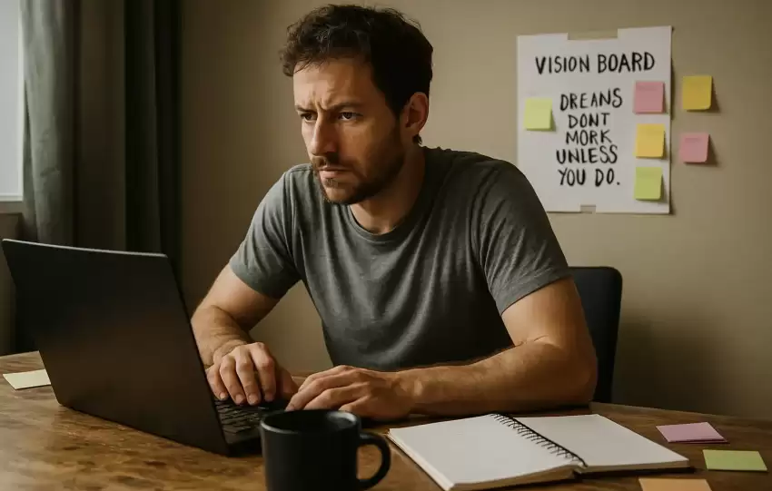 A Caucasian entrepreneur showing digital grit for entrepreneurs while working late on a laptop in a dimly lit office, symbolizing perseverance in online business.