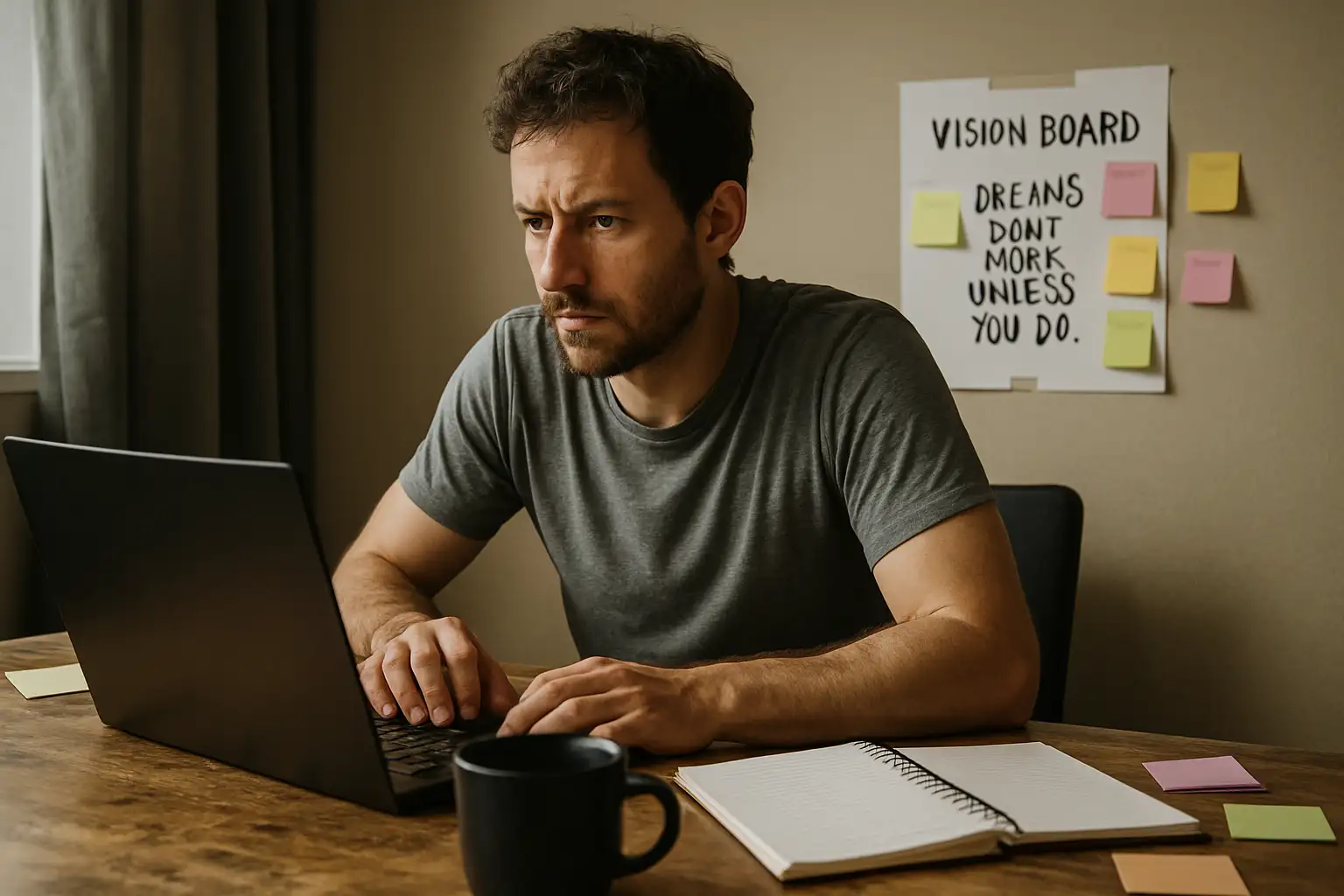 A Caucasian entrepreneur showing digital grit for entrepreneurs while working late on a laptop in a dimly lit office, symbolizing perseverance in online business.