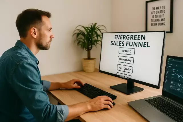 A focused male entrepreneur analyzing a digital sales funnel on a laptop with a whiteboard in the background