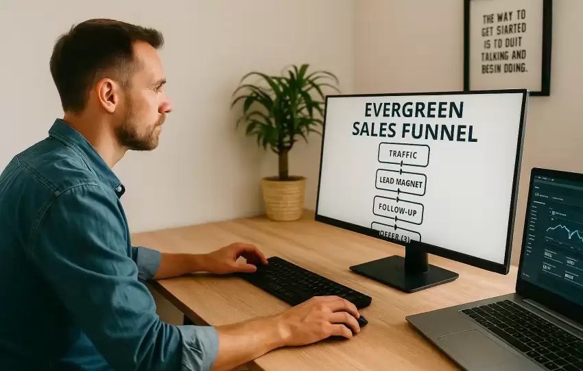 A focused male entrepreneur analyzing a digital sales funnel on a laptop with a whiteboard in the background