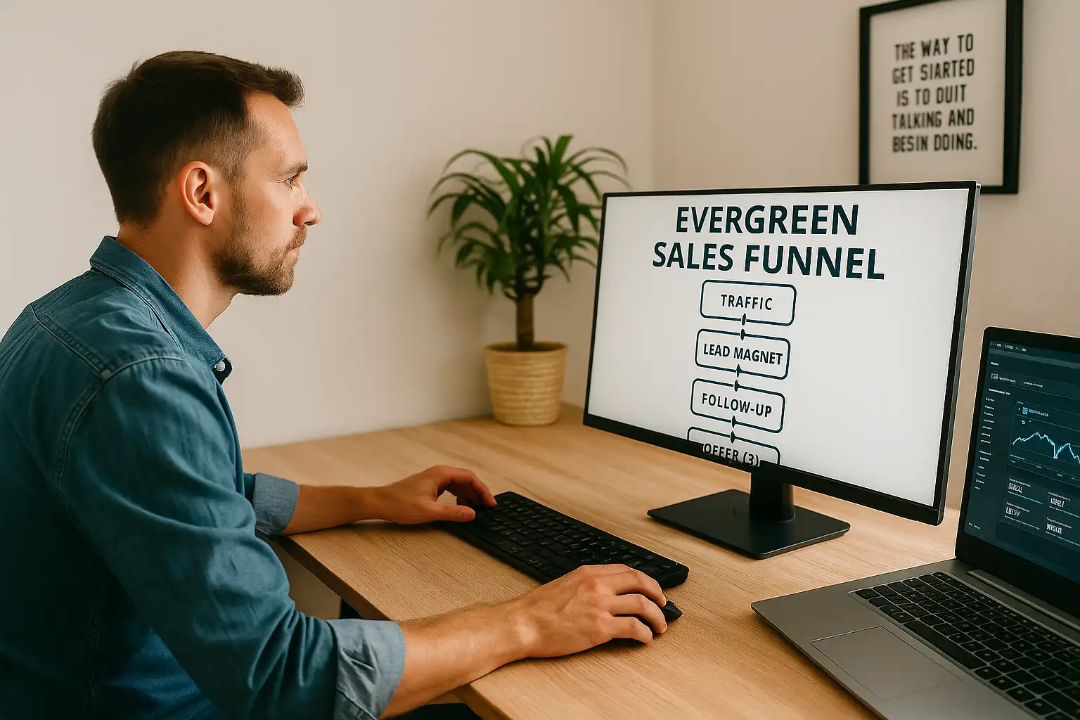 A focused male entrepreneur analyzing a digital sales funnel on a laptop with a whiteboard in the background