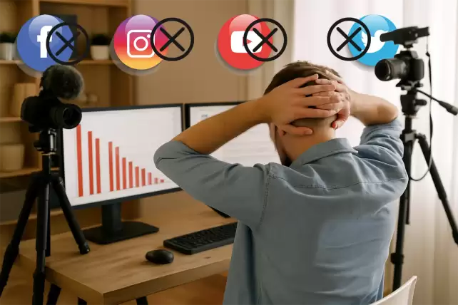 Frustrated white male creator holding his head in a well-lit studio with two monitors and dual camera angles, symbolizing burnout from social media exploitation.