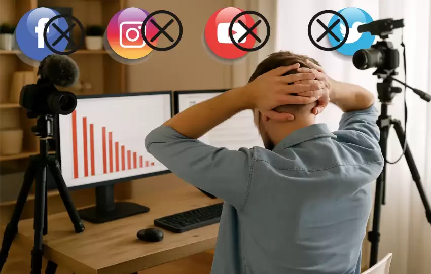Frustrated white male creator holding his head in a well-lit studio with two monitors and dual camera angles, symbolizing burnout from social media exploitation.