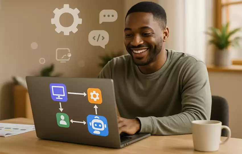 Young Black entrepreneur smiling at laptop in modern office with smart automation tools, showing human-centered approach to business automation
