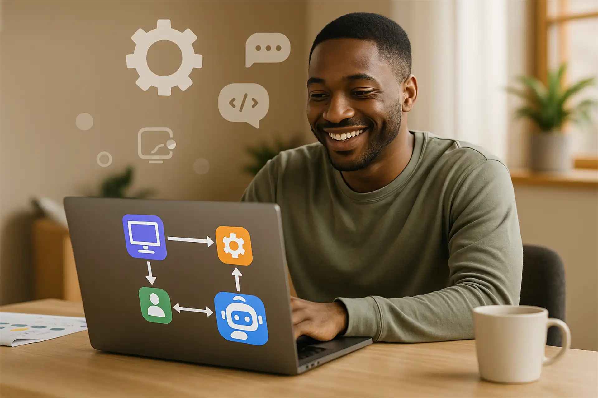 Young Black entrepreneur smiling at laptop in modern office with smart automation tools, showing human-centered approach to business automation