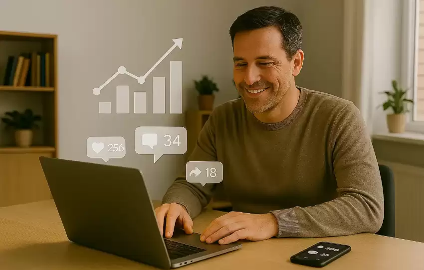 Small business owner celebrating increased online engagement at a modern workspace using smart digital marketing strategies.