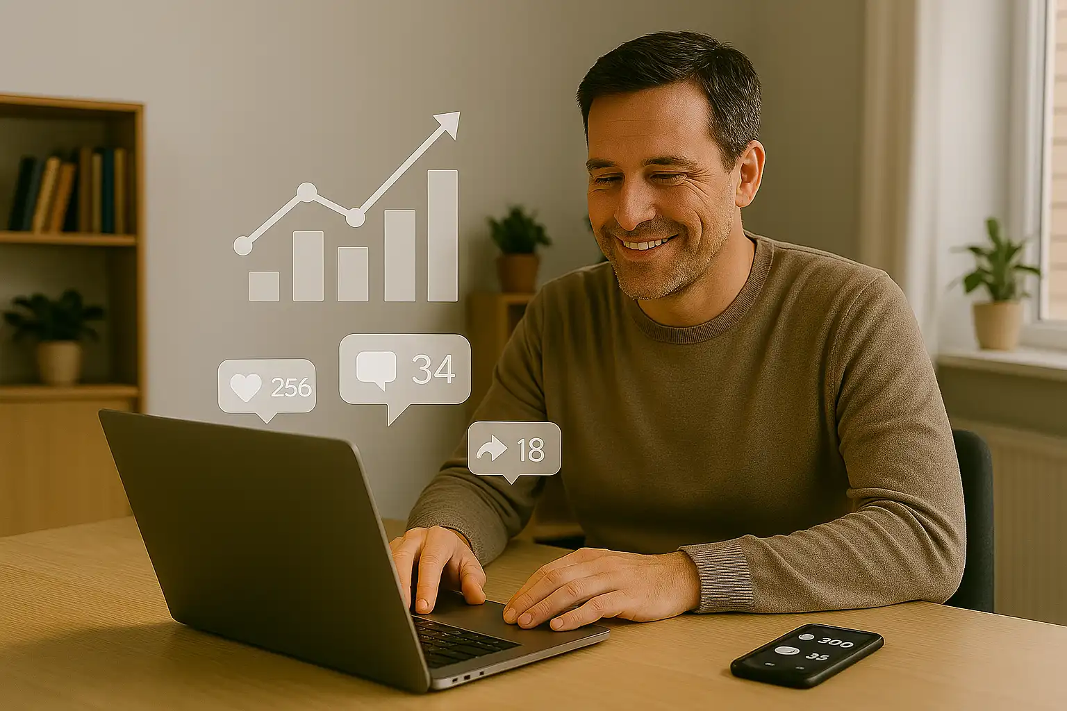 Small business owner celebrating increased online engagement at a modern workspace using smart digital marketing strategies.