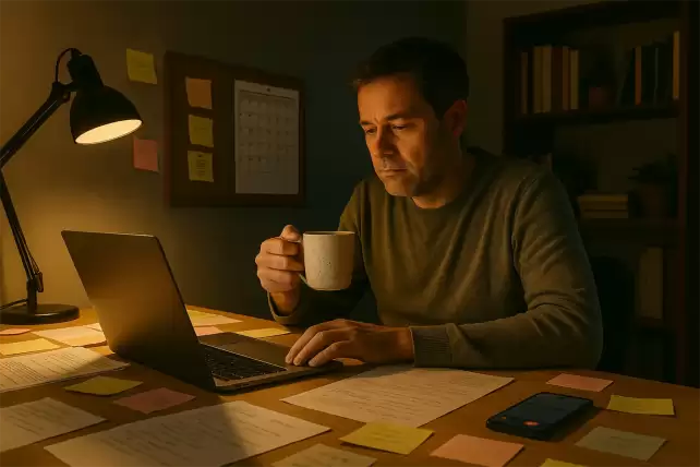 Tired entrepreneur working late at night in a home office, symbolizing the full-time commitment of running your own business.