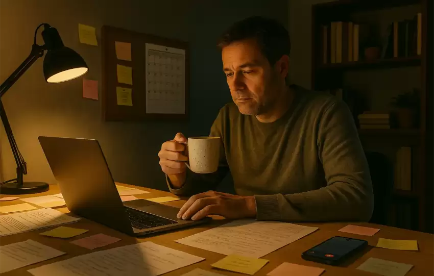 Tired entrepreneur working late at night in a home office, symbolizing the full-time commitment of running your own business.
